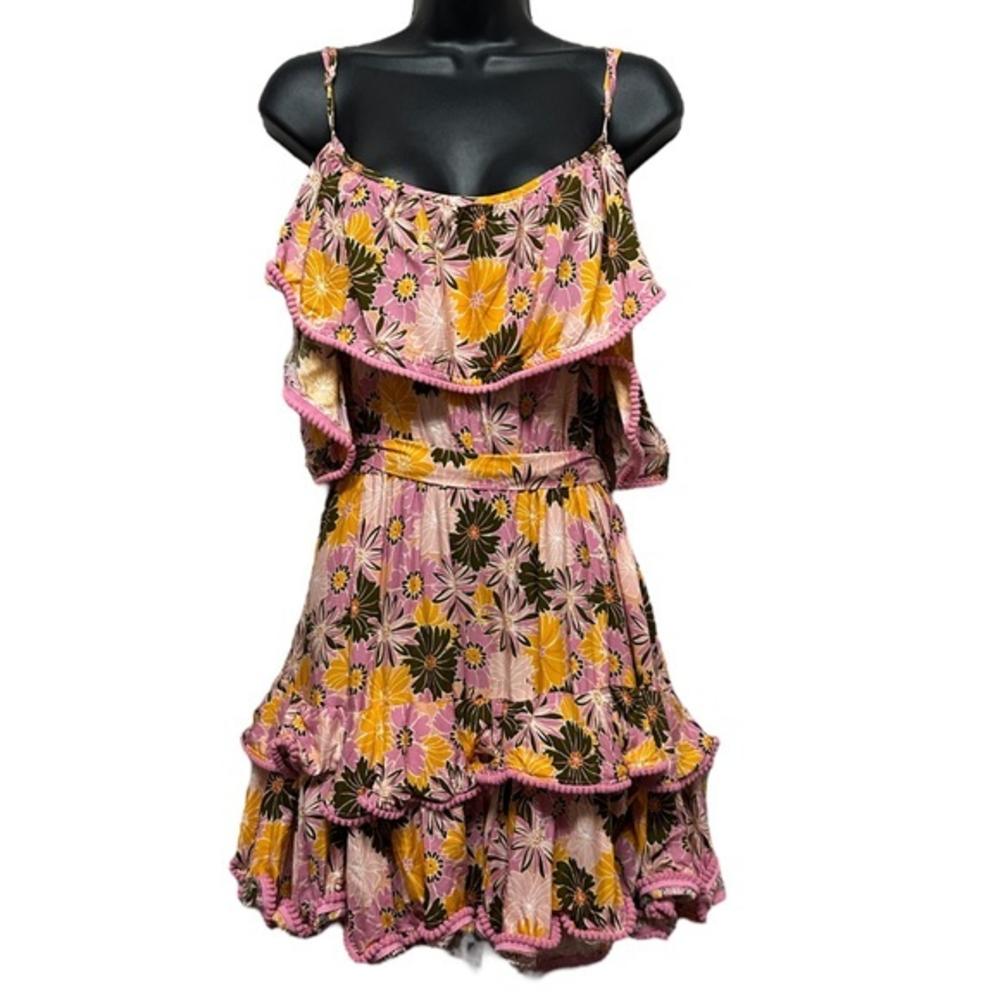 Heccpli floral pink brown mustard yellow Sun dress W/ pink ball fringe sz sm 681